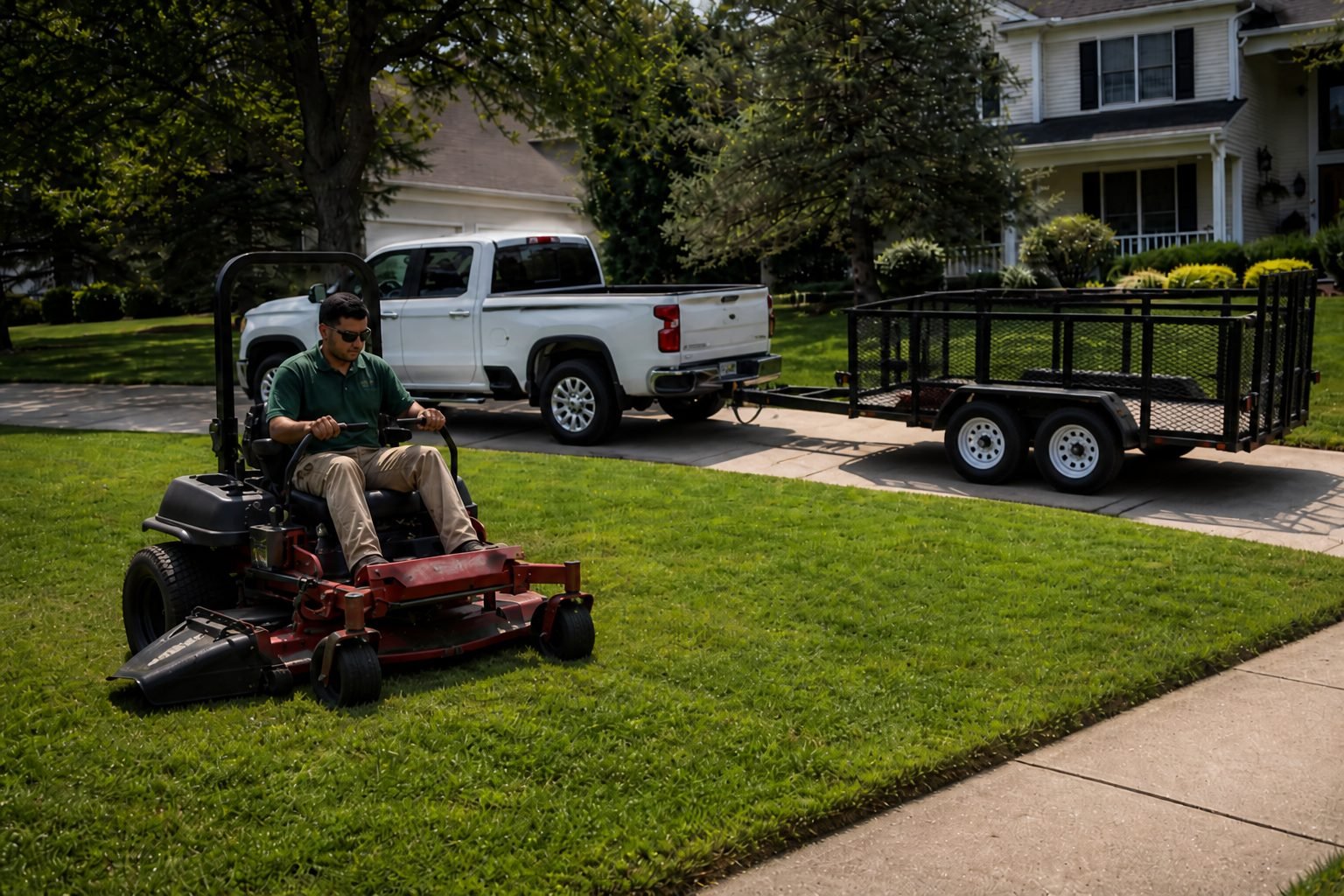 Lawn care crew maintaining a suburban yard