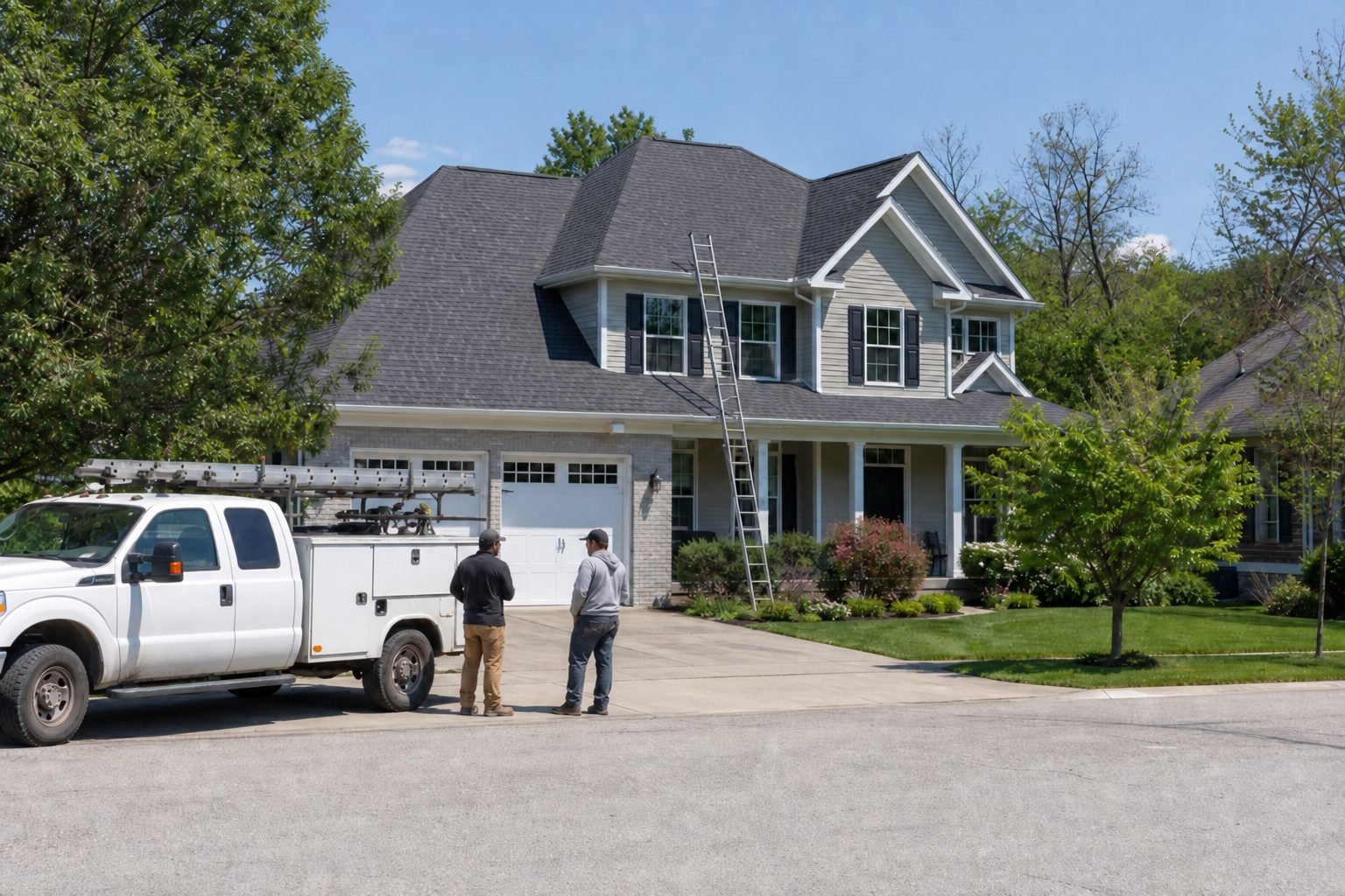 Roofers installing shingles on a residential home